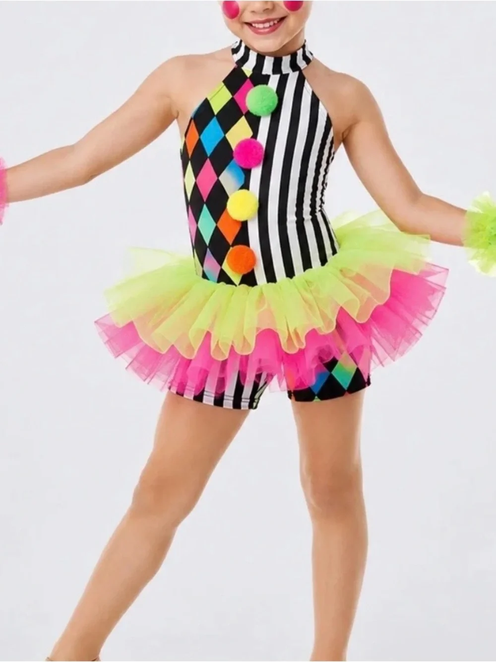 Weissman Neon Harlequin & Stripe Tutu Costume - Green Pink Black